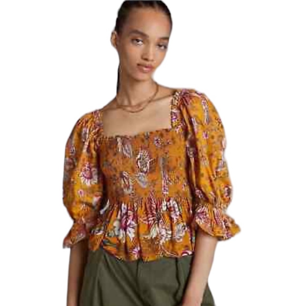 NEW Anthropologie Conditions Apply Floral Print Square Neck Smocked Top